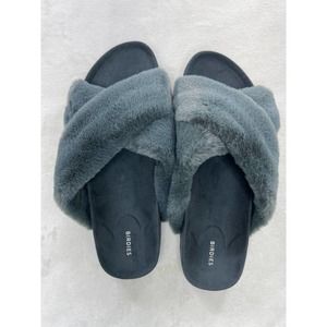 NWOT Birdies The Robin Pewter Gray Faux Fur Slippers US size 8